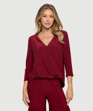 ¾ Sleeve High-Low V-Neck Twisted Hem Top | Burgandy