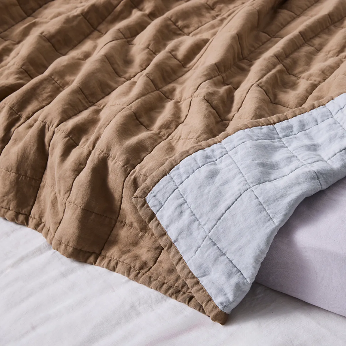 100% Linen Kids Two Tone Quilted Bed Cover in Chestnut & Mist