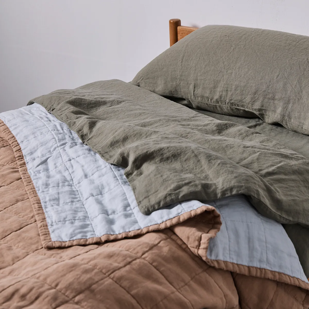 100% Linen Kids Two Tone Quilted Bed Cover in Chestnut & Mist