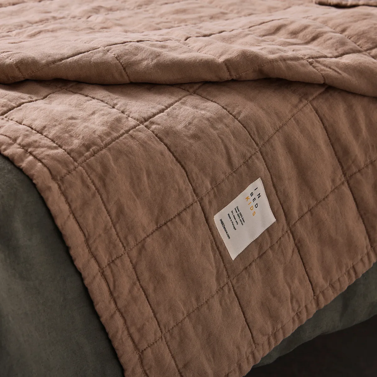 100% Linen Kids Two Tone Quilted Bed Cover in Chestnut & Mist