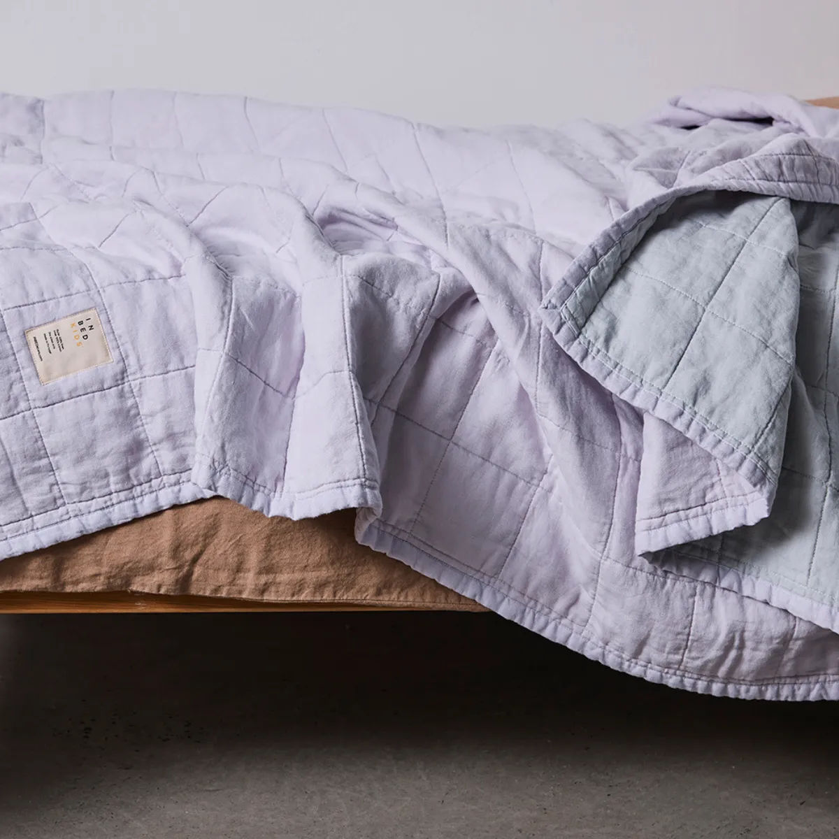 100% Linen Kids Two Tone Quilted Bed Cover in Lilac & Mist