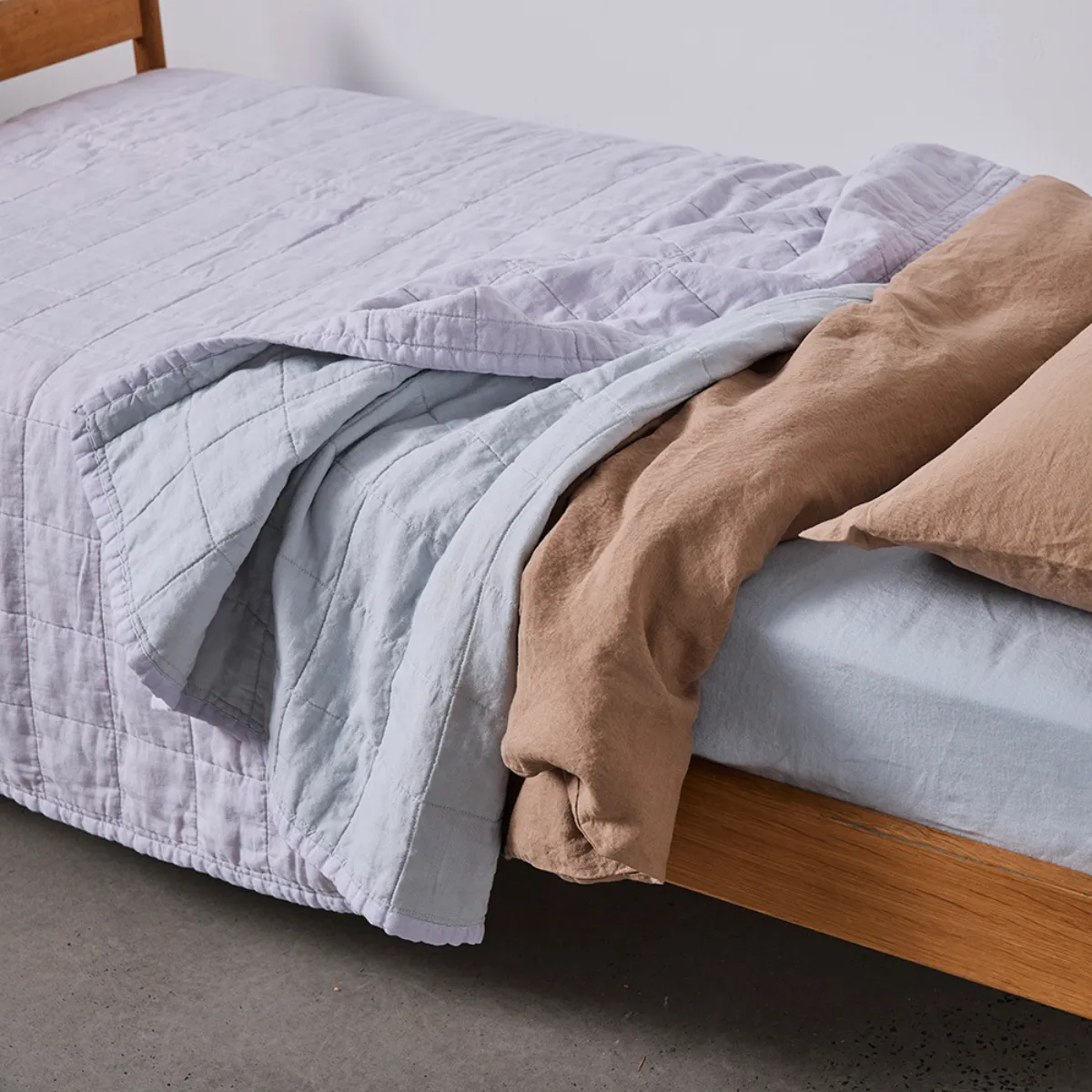 100% Linen Kids Two Tone Quilted Bed Cover in Lilac & Mist