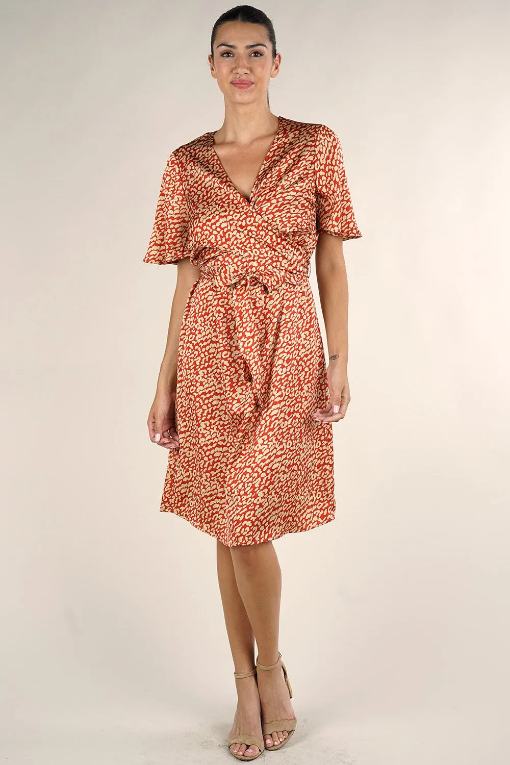 Animal Print Satin Surplice Midi Dress