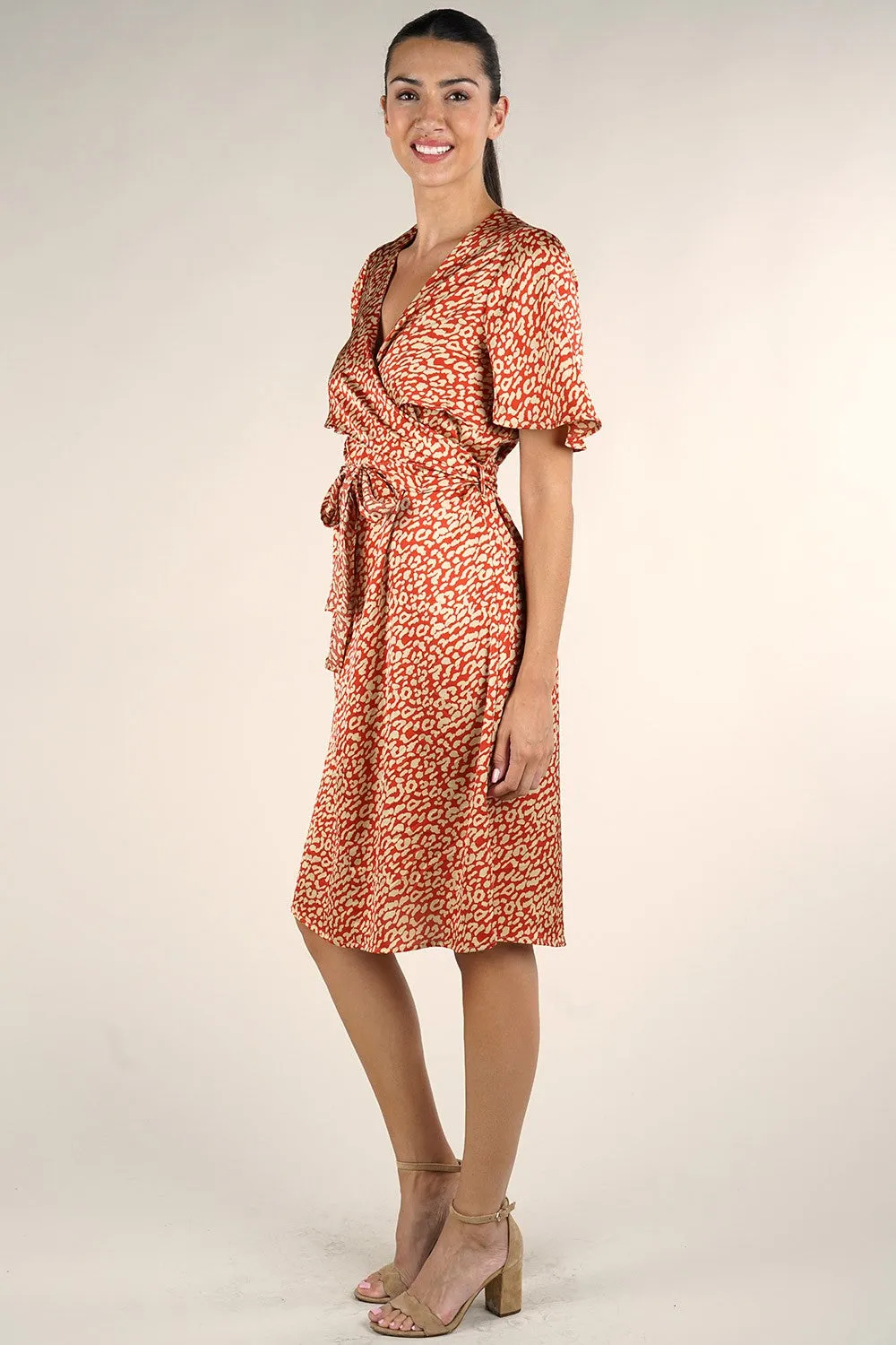 Animal Print Satin Surplice Midi Dress
