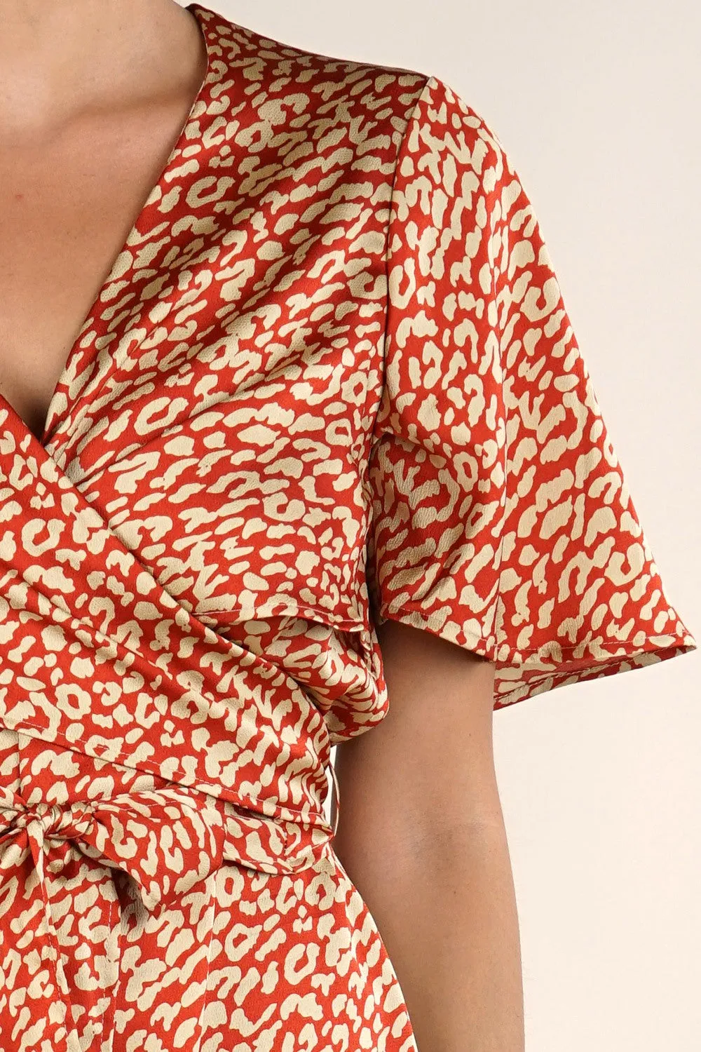 Animal Print Satin Surplice Midi Dress