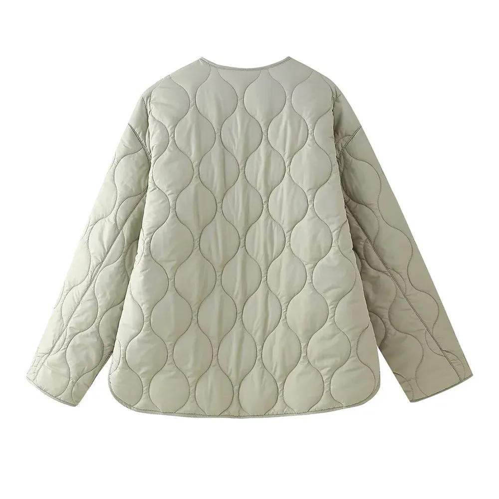 Autumn Chic Women's Quilted Cotton Jacket with Pocket Details – Lightweight & Loose Fit Round Neck Coat for Casual Style