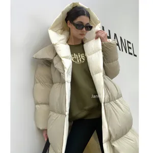 Ava - Women's Fluffy White Duck Down Hooded Long Puffer Coat
