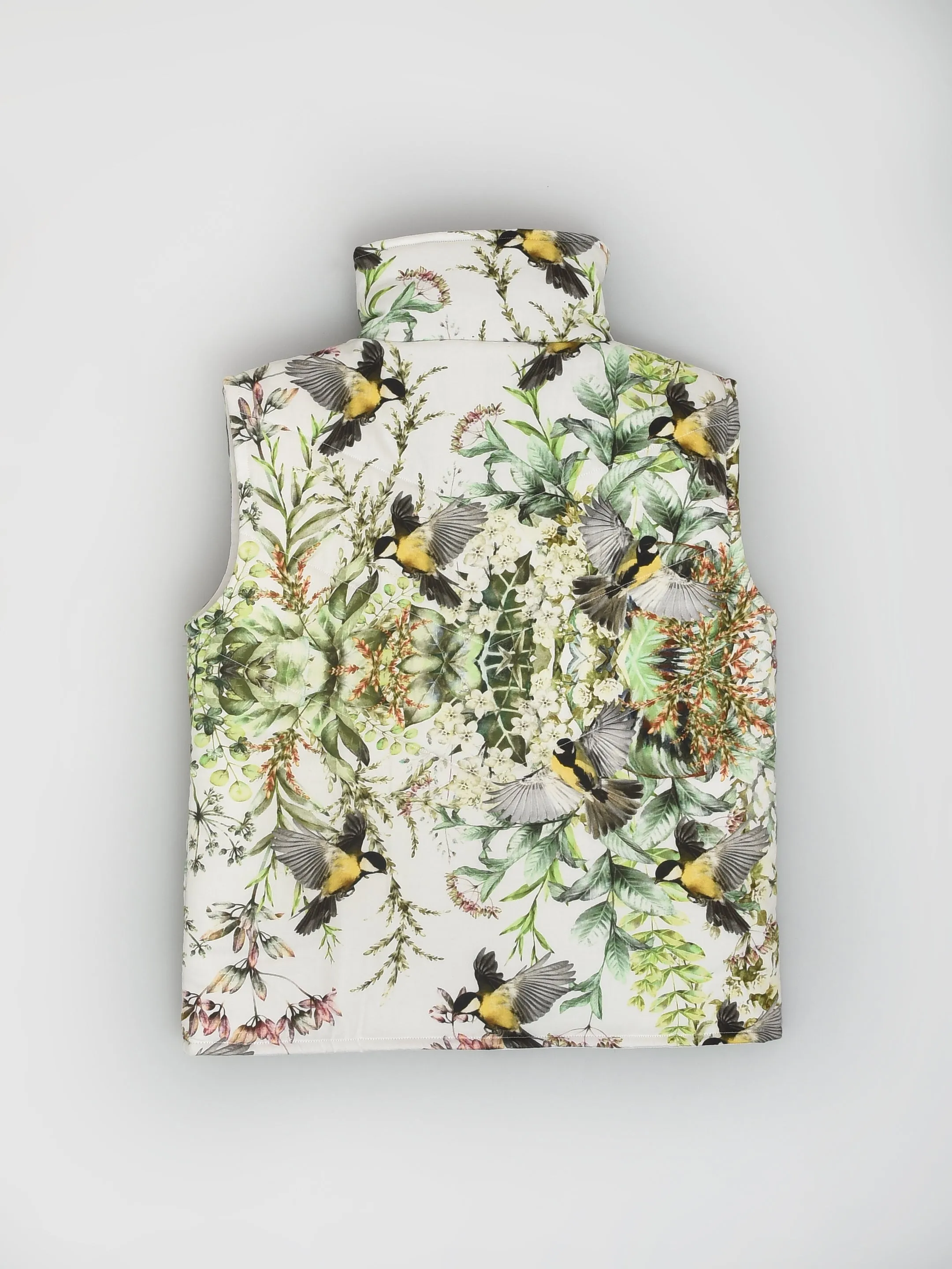 Bird Floral Print Sleeveless Quilted Jacket