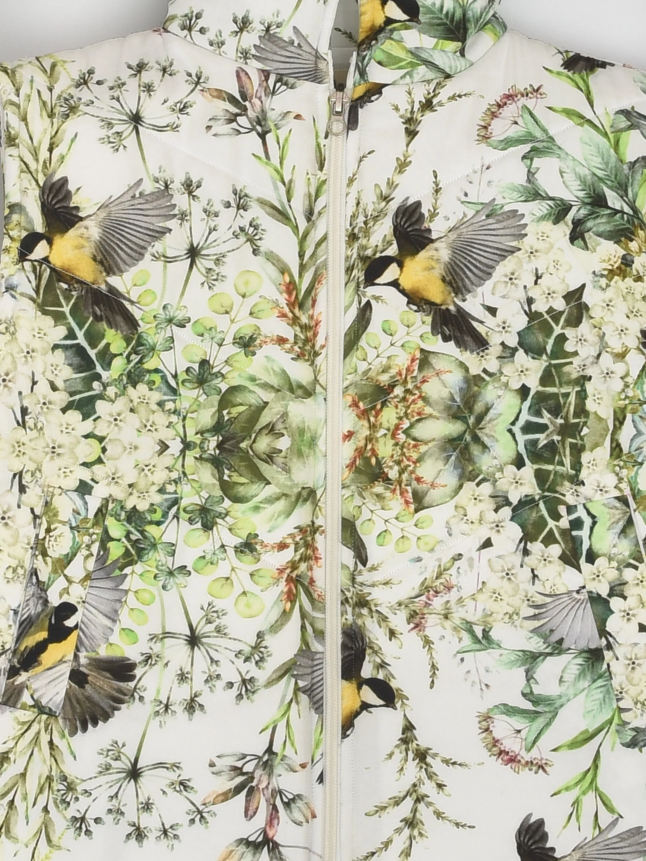 Bird Floral Print Sleeveless Quilted Jacket