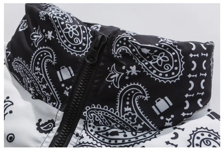 BLACK ENERGY CASHEW FLOWER PRINT HIGH NECK UNISEX CASUAL JACKET