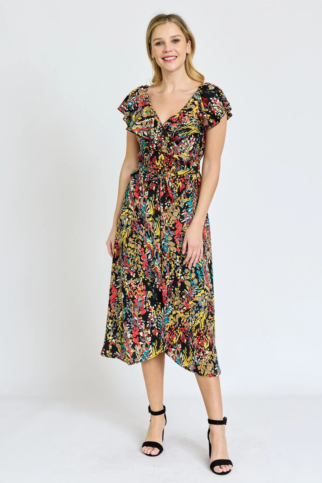 Black Festive Foliage Wrap Midi Dress | S-3X