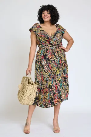 Black Festive Foliage Wrap Midi Dress | S-3X
