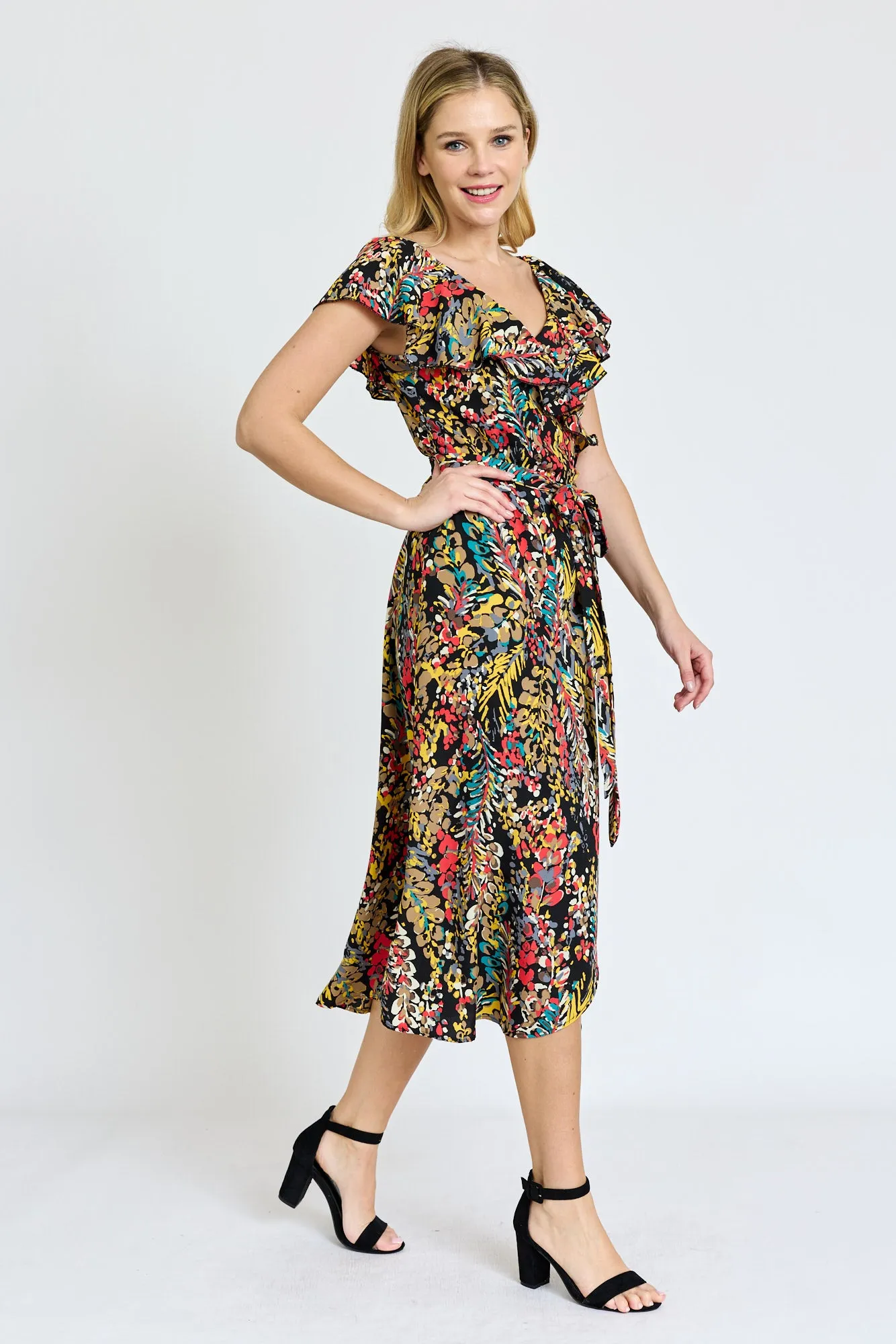 Black Festive Foliage Wrap Midi Dress | S-3X