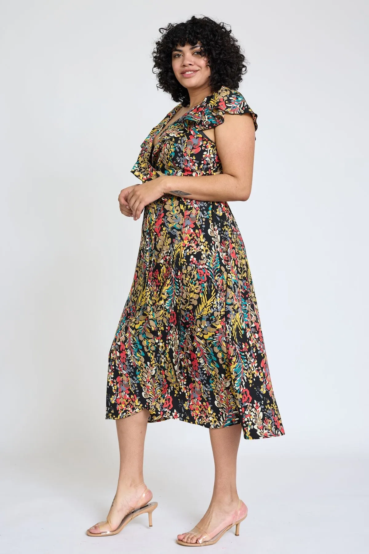 Black Festive Foliage Wrap Midi Dress | S-3X