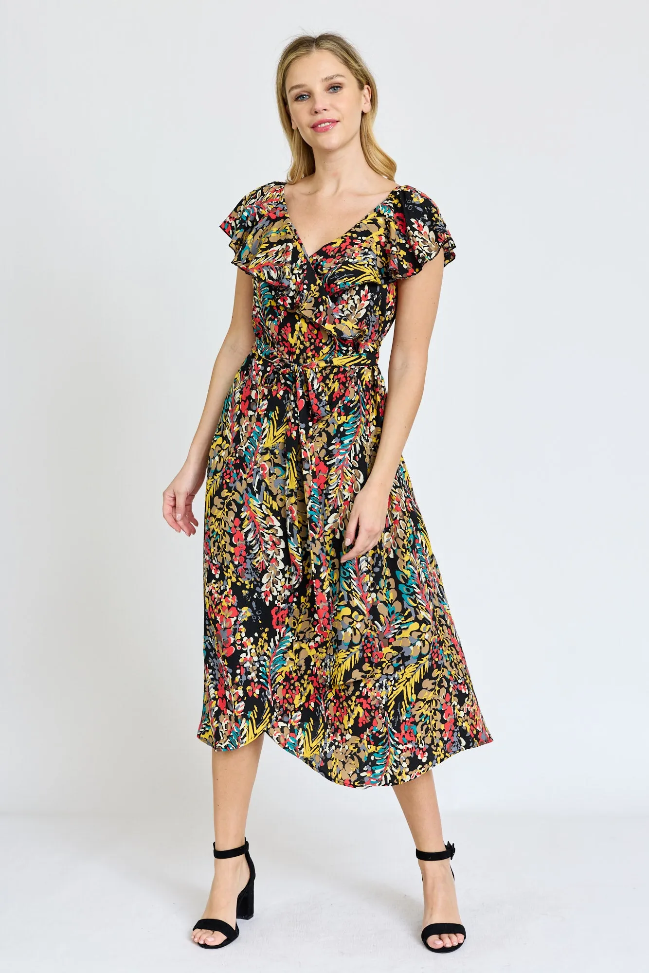 Black Festive Foliage Wrap Midi Dress | S-3X