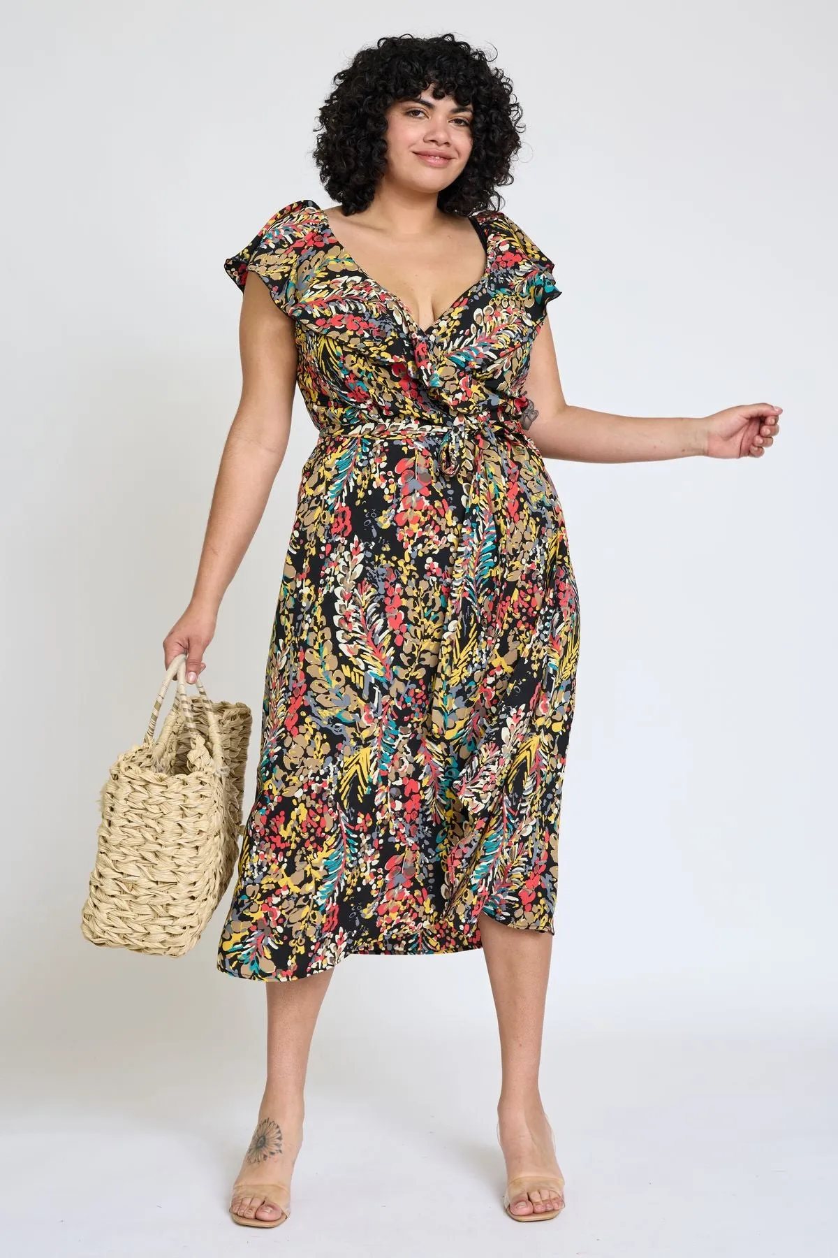 Black Festive Foliage Wrap Midi Dress | S-3X