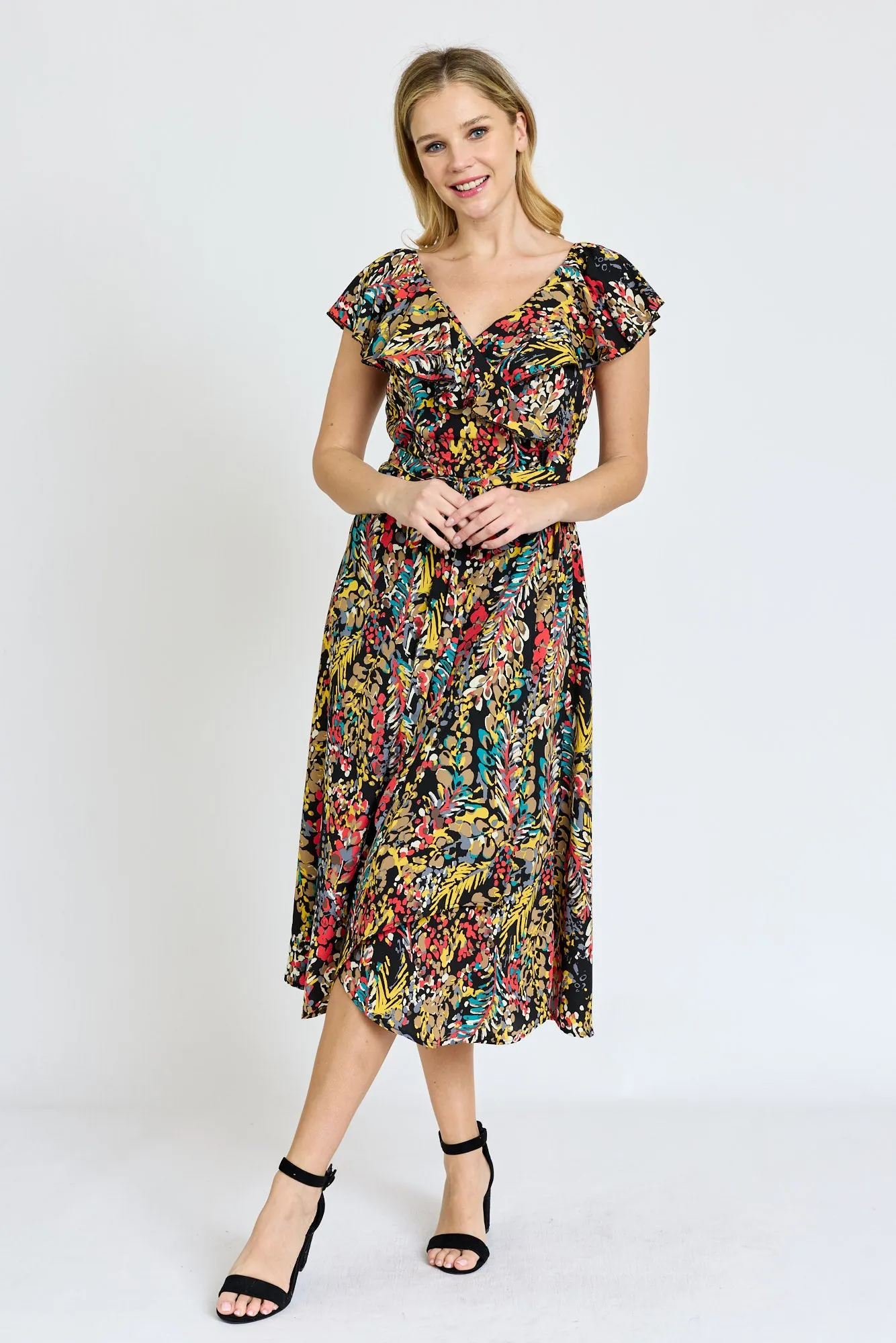 Black Festive Foliage Wrap Midi Dress | S-3X