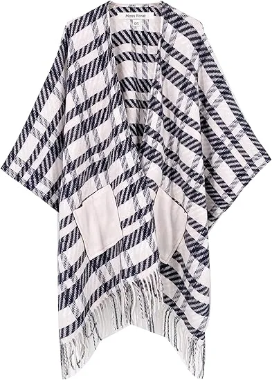 Black Grid Winter Chic Plaid Poncho Cardigan