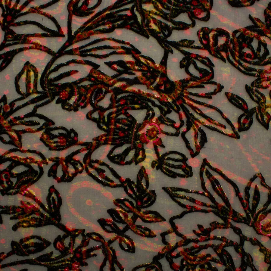 Black/Red Floral Devoré Velvet