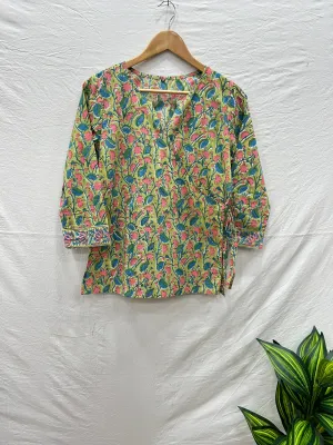 Block Printed Cotton Wrap Top Green