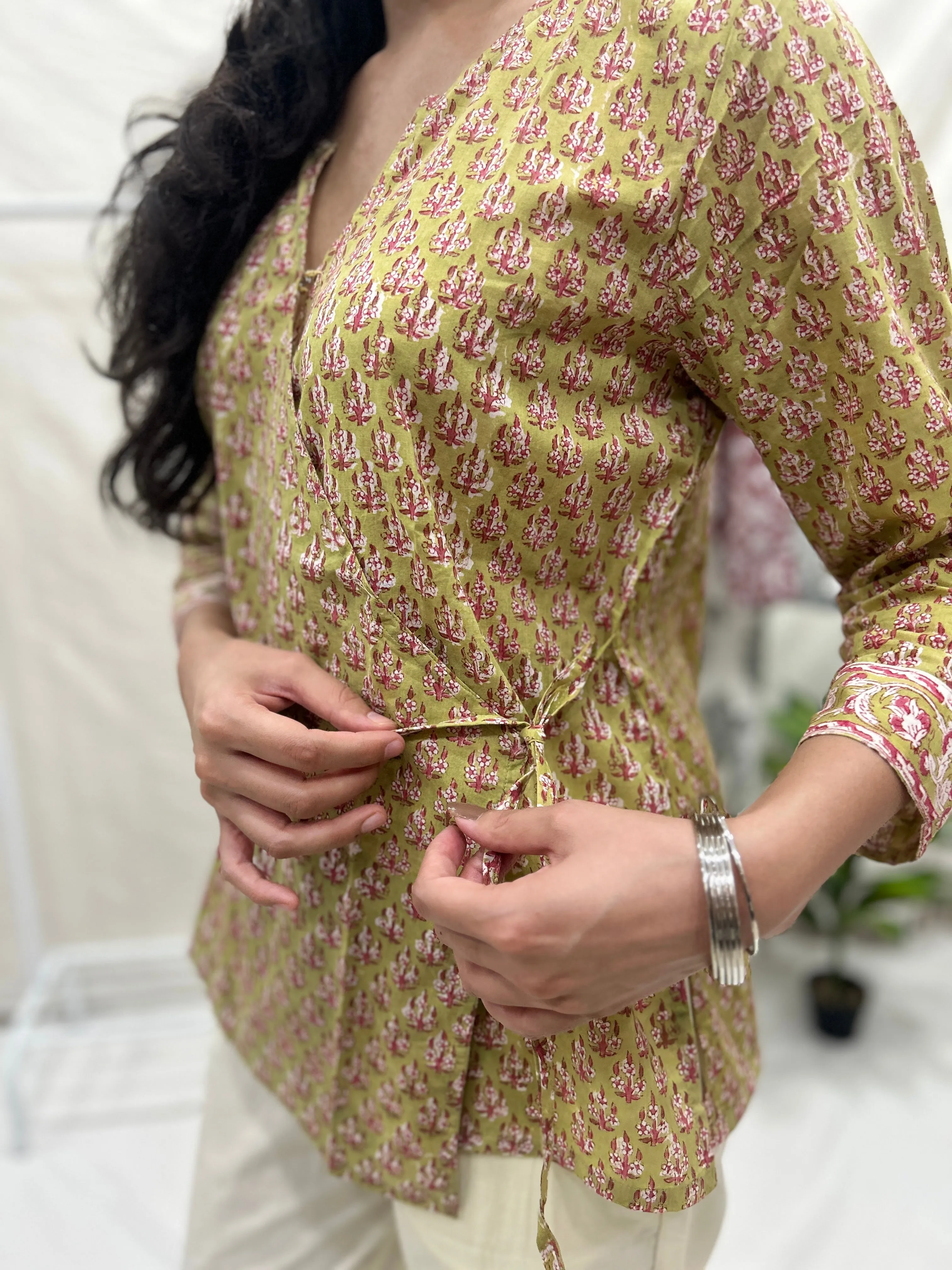 Block Printed Cotton Wrap Top Green