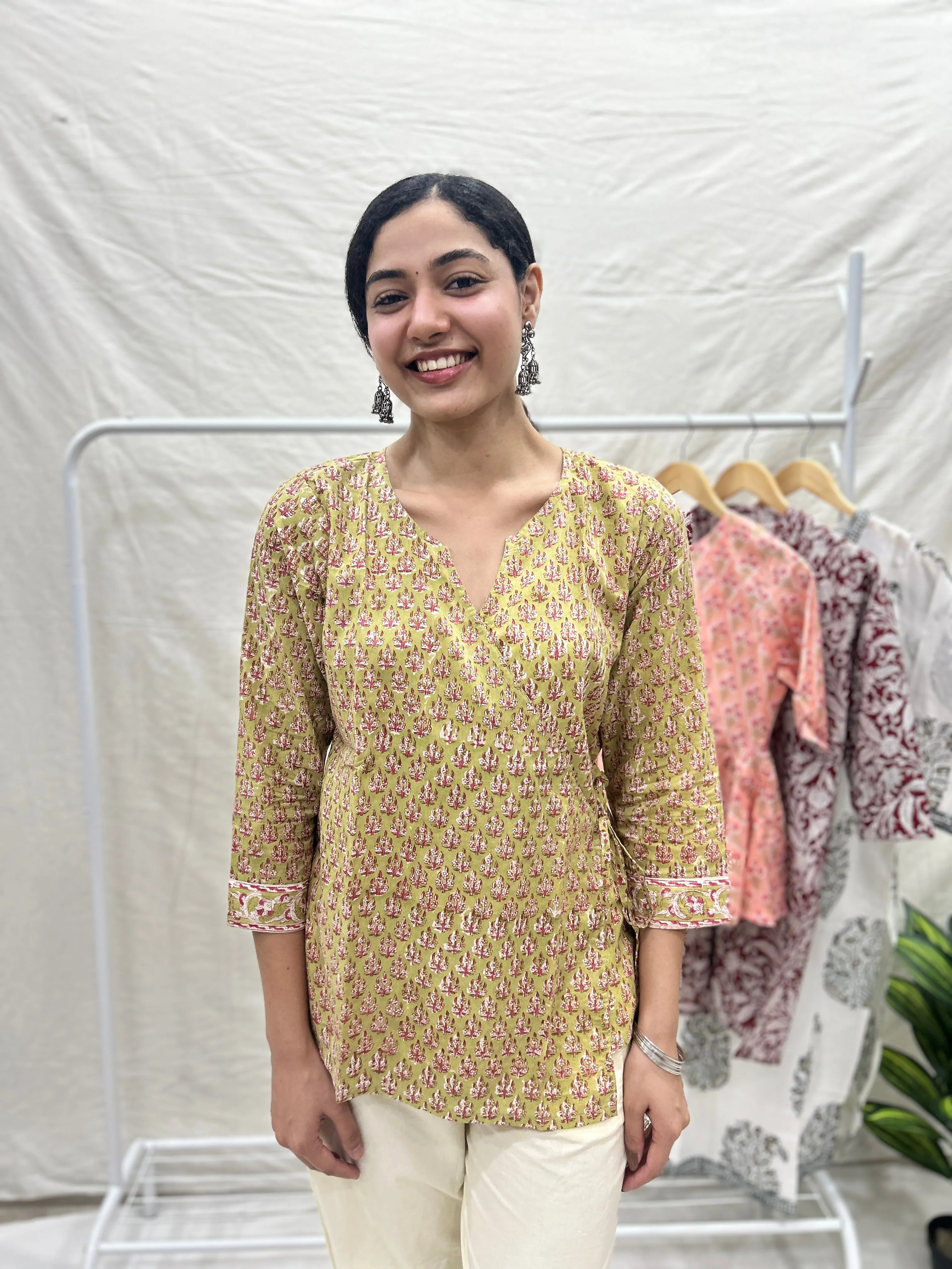 Block Printed Cotton Wrap Top Green