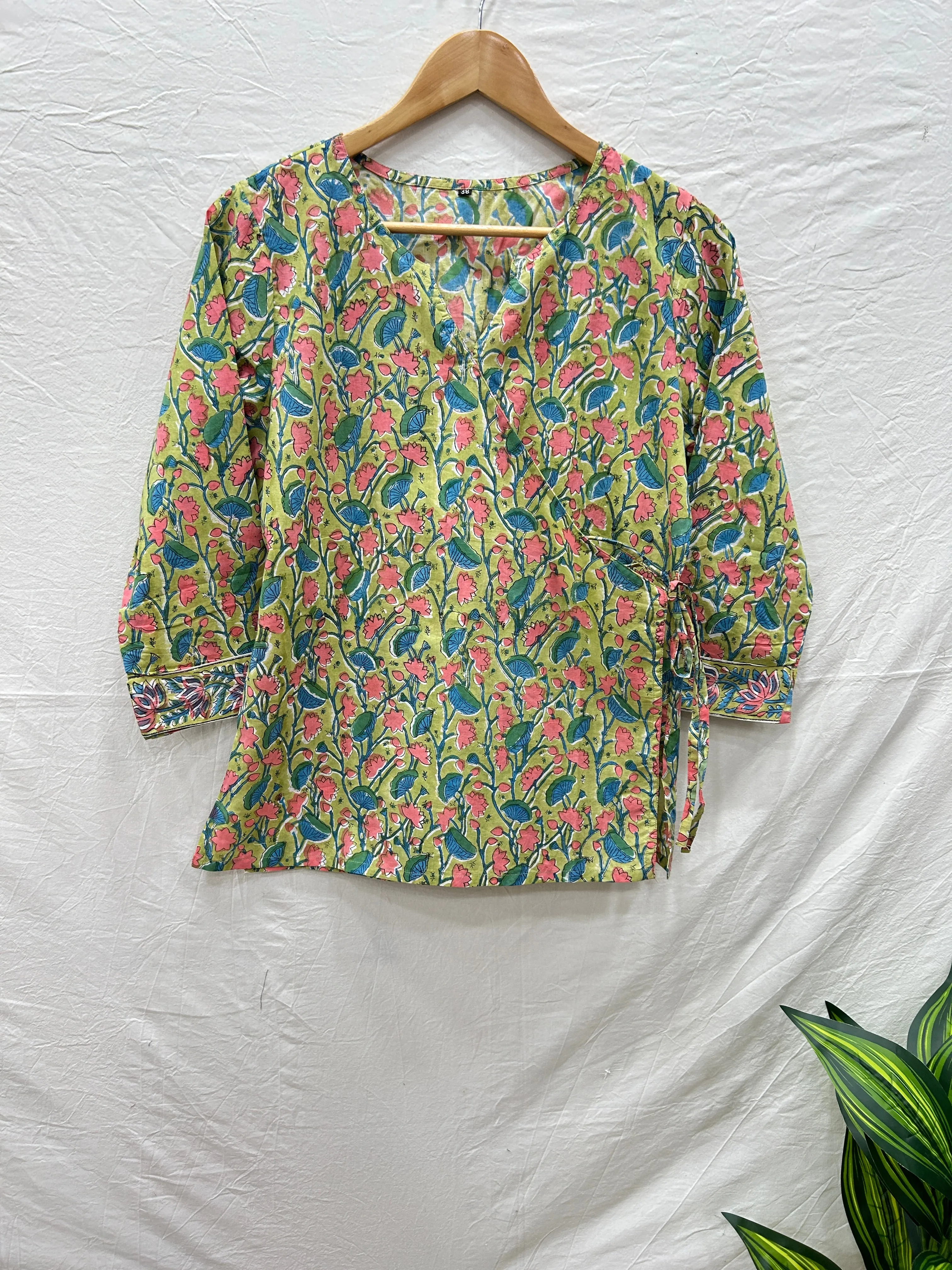 Block Printed Cotton Wrap Top Green