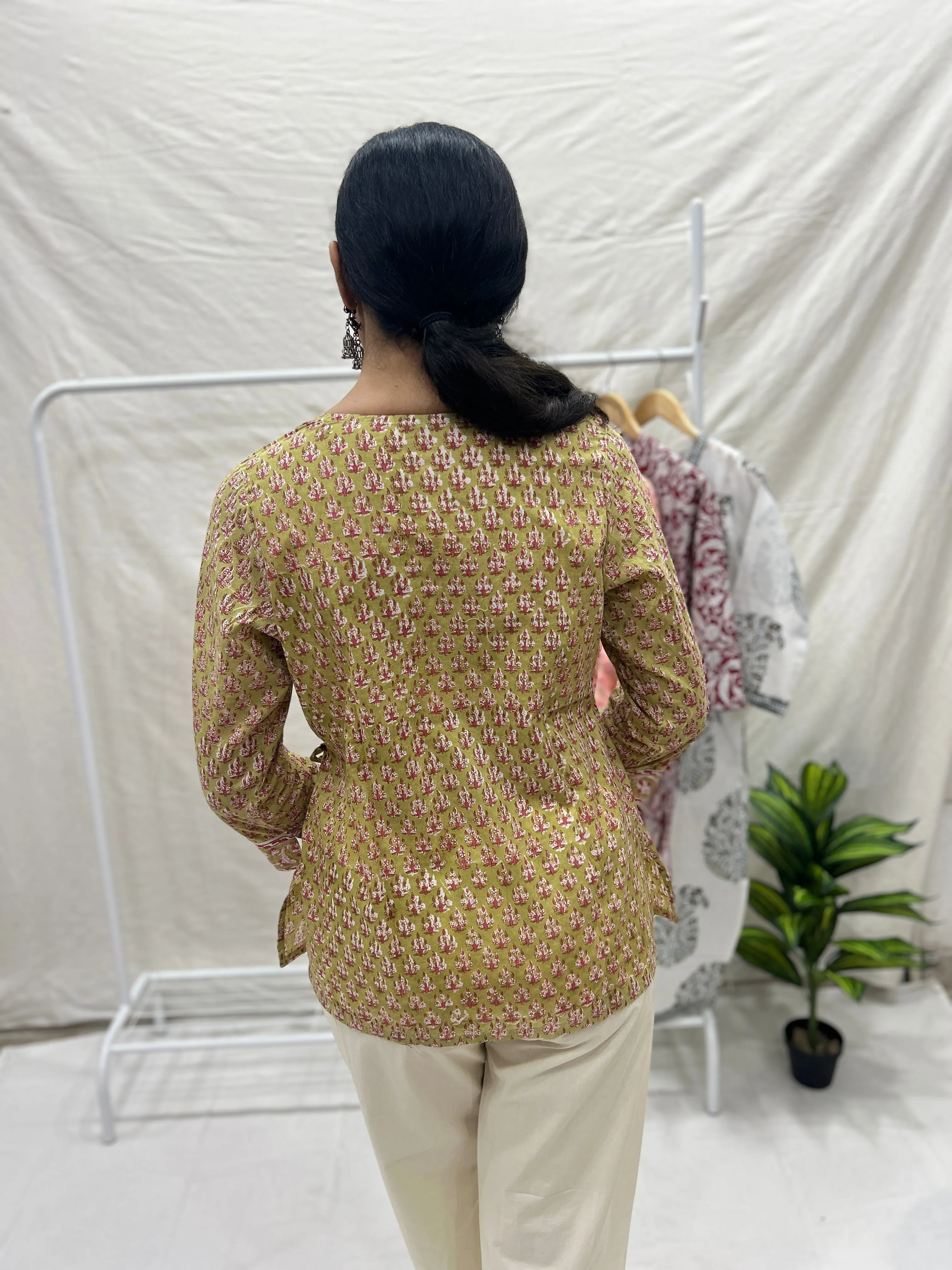 Block Printed Cotton Wrap Top Green
