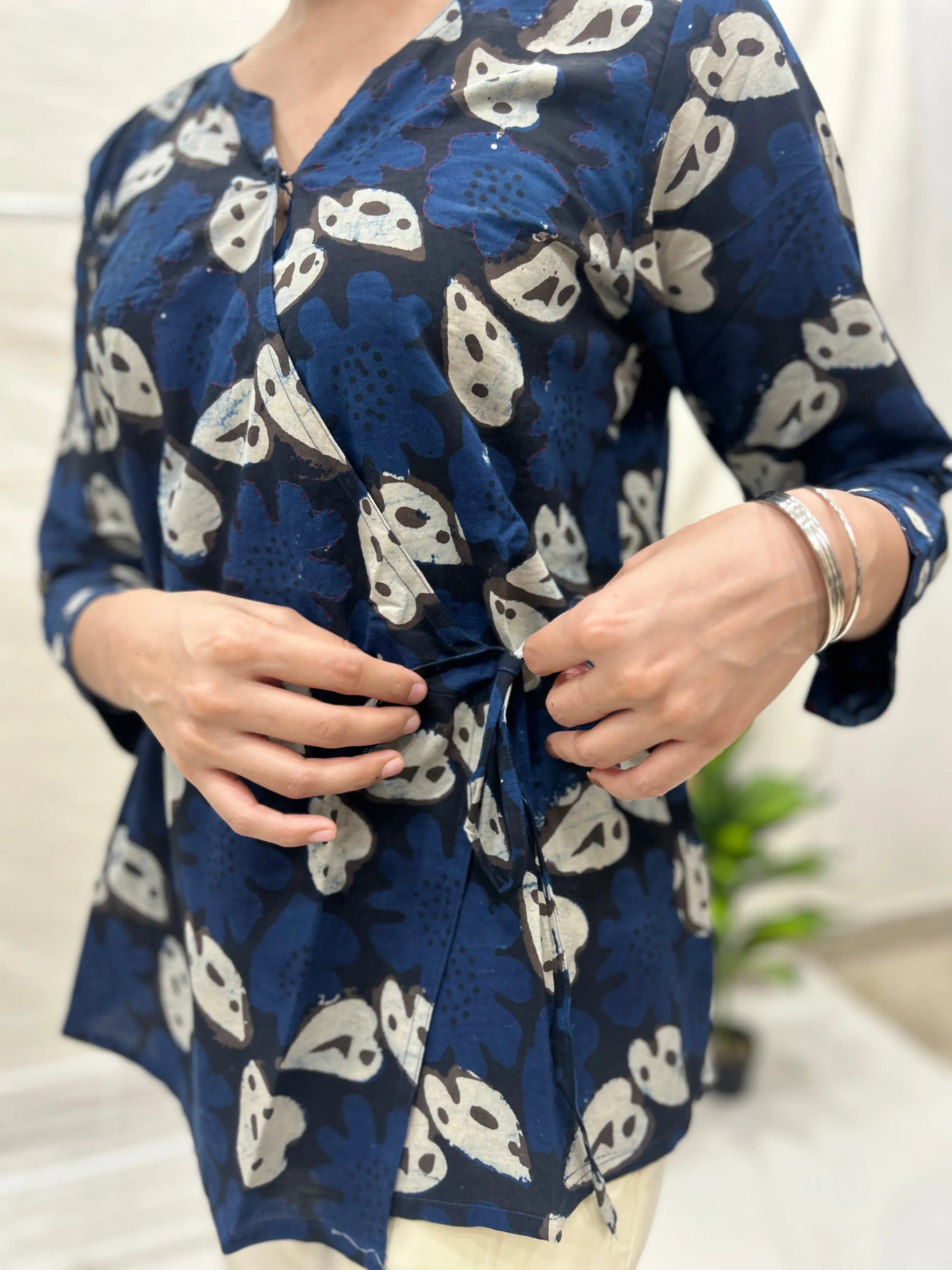Block Printed Cotton Wrap Top Grey