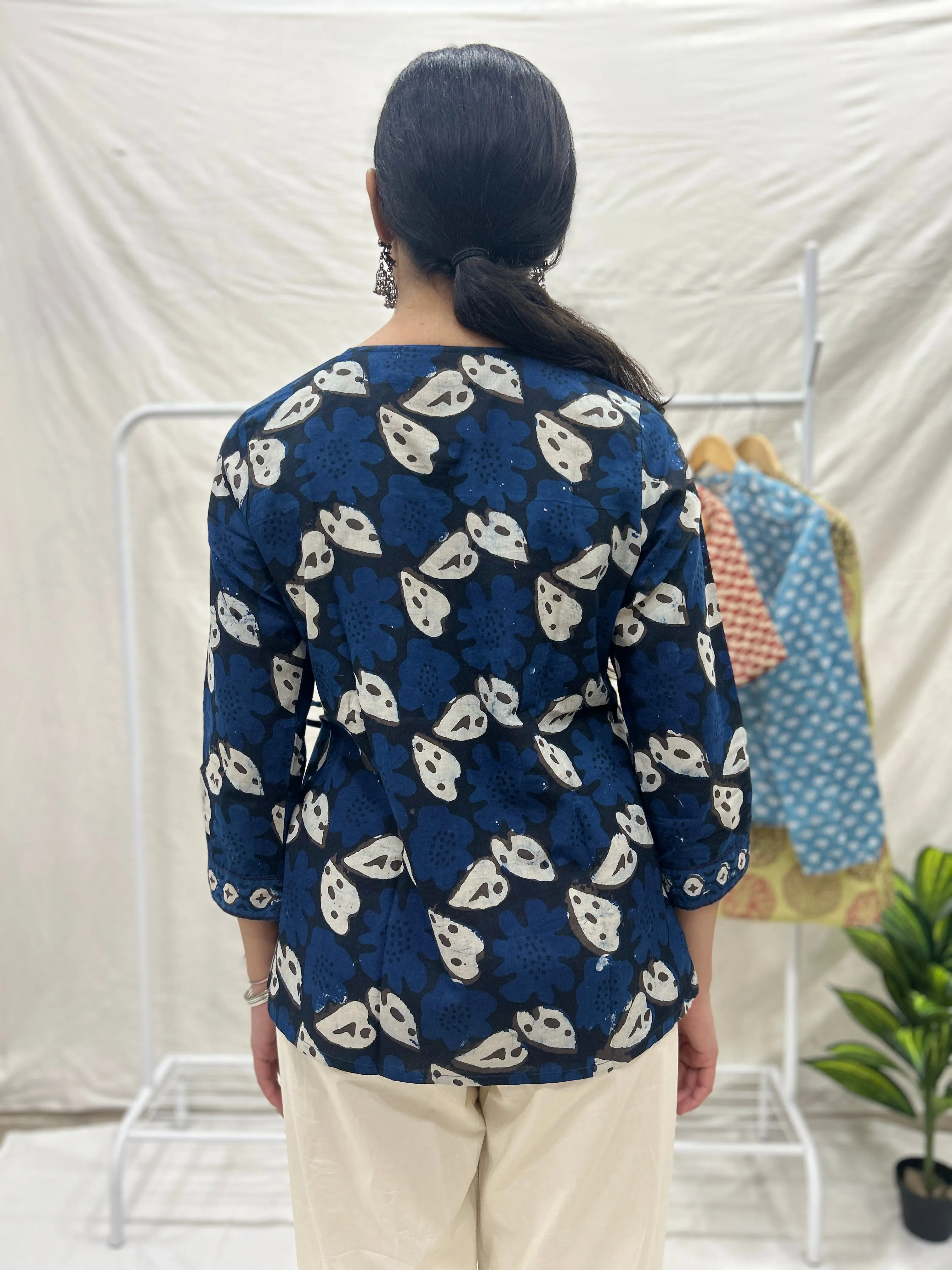 Block Printed Cotton Wrap Top Grey