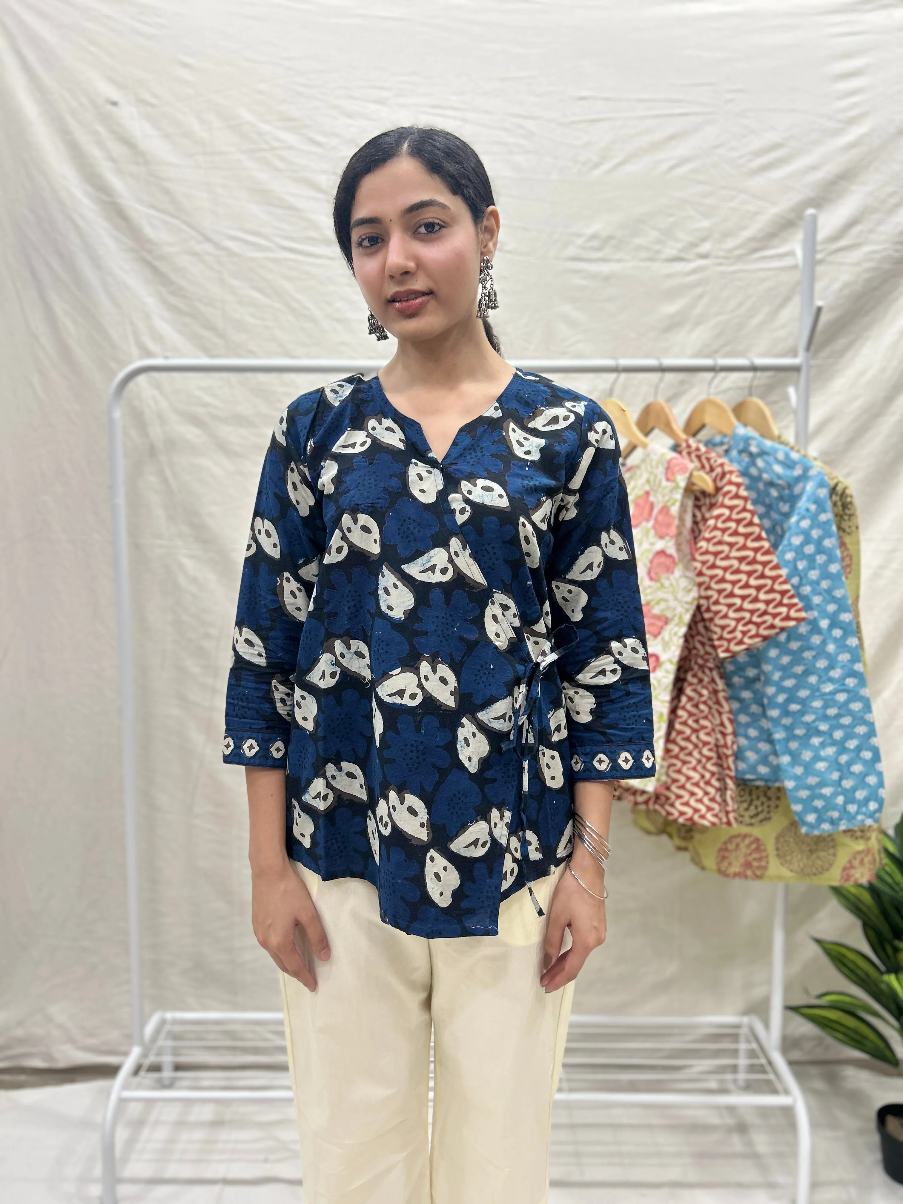 Block Printed Cotton Wrap Top Grey