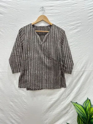 Block Printed Cotton Wrap Top Grey
