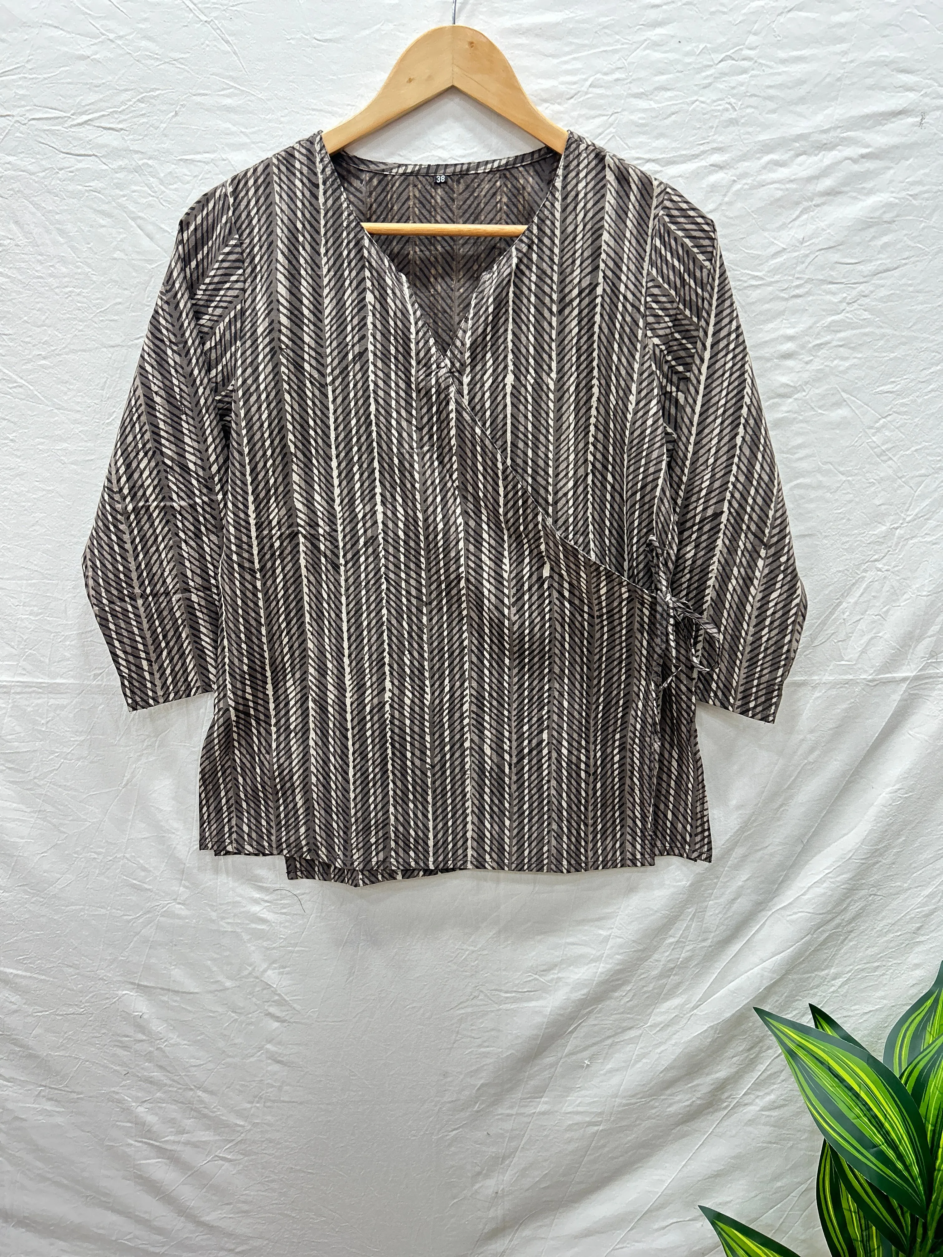 Block Printed Cotton Wrap Top Grey