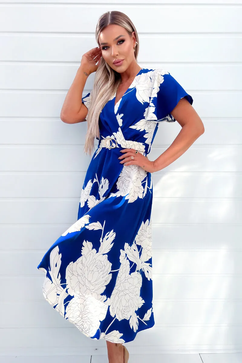 Blue And Cream Floral Printed Short Sleeve Belted Midi Dress