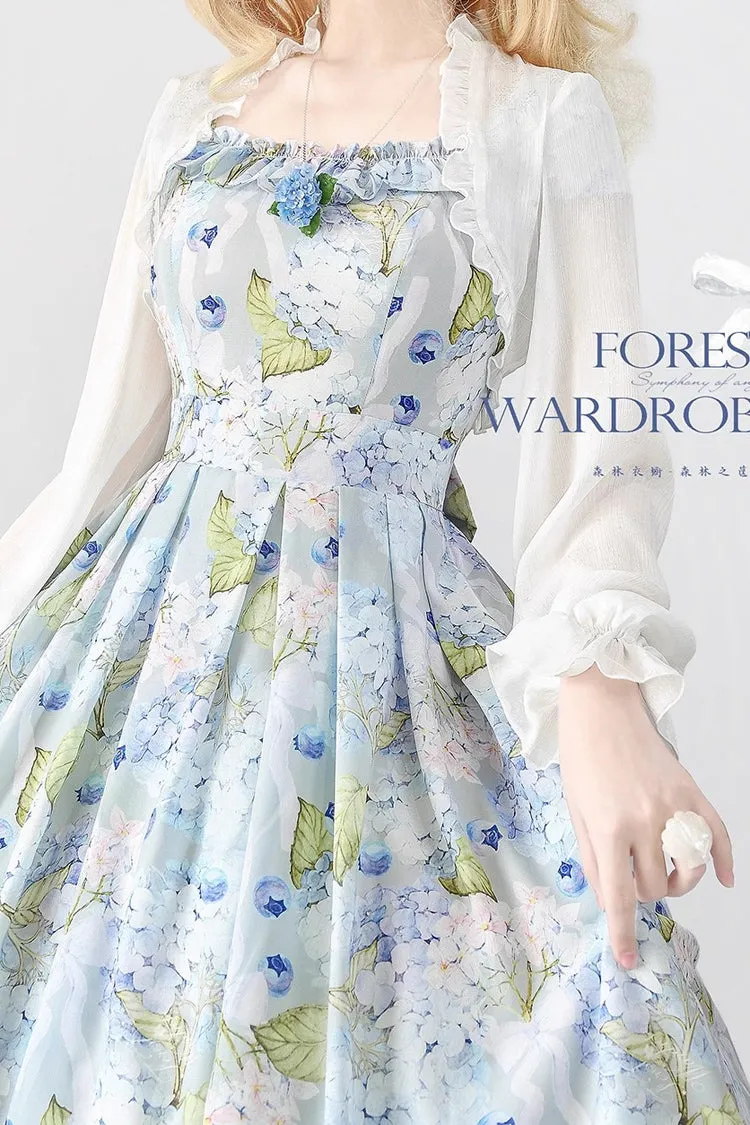 Blue [Forest Basket] Blueberry Hydrangea Print Bowknot Chiffon Sweet Elegant Lolita Jsk Dress
