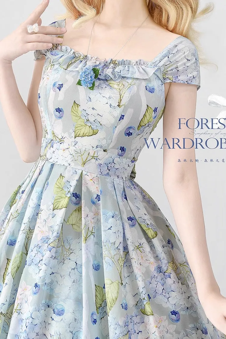 Blue [Forest Basket] Blueberry Hydrangea Print Bowknot Chiffon Sweet Elegant Lolita Jsk Dress