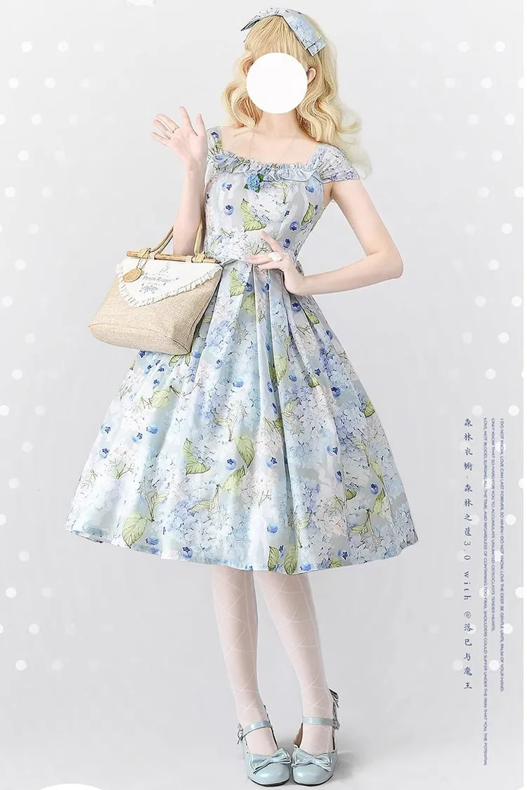 Blue [Forest Basket] Blueberry Hydrangea Print Bowknot Chiffon Sweet Elegant Lolita Jsk Dress