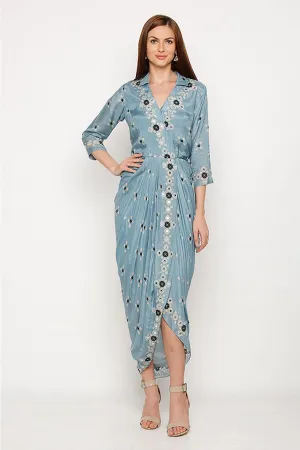 Blue Mirror Embroidered Wrap Drape Dress