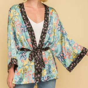 Blue/Green Floral Tie Kimono w Black Floral Trim S/M