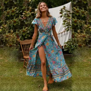 Boho Wrap Blue Maxi Dress