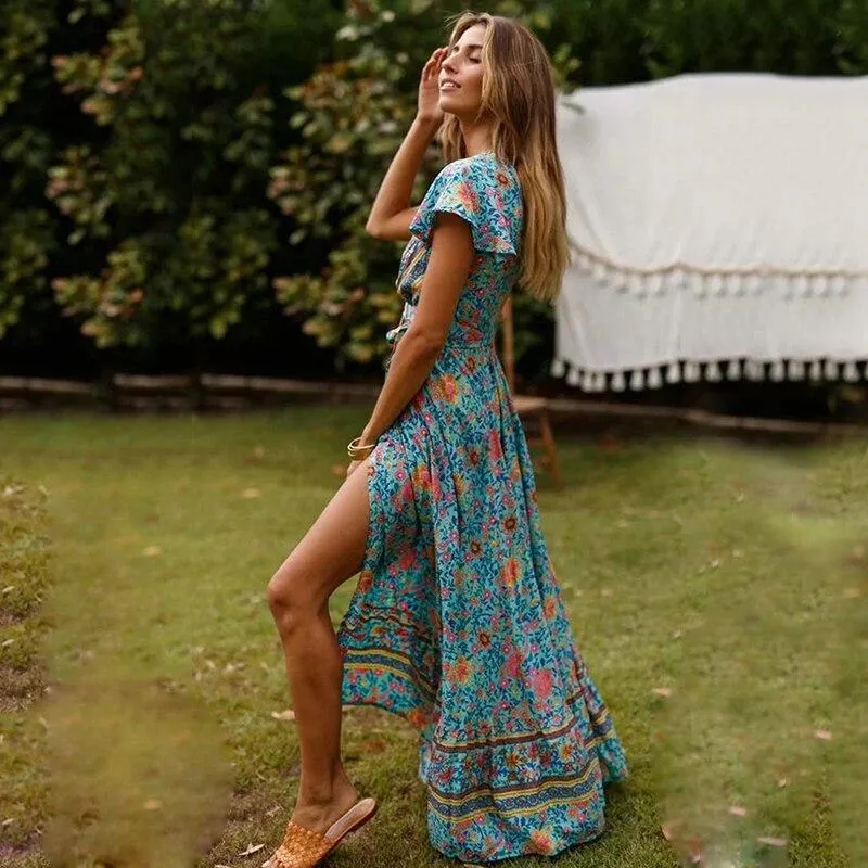 Boho Wrap Blue Maxi Dress