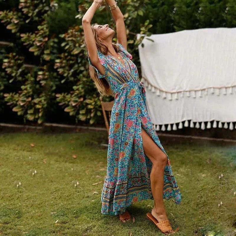 Boho Wrap Blue Maxi Dress
