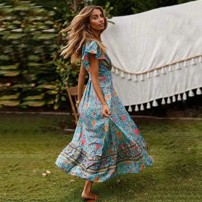 Boho Wrap Blue Maxi Dress