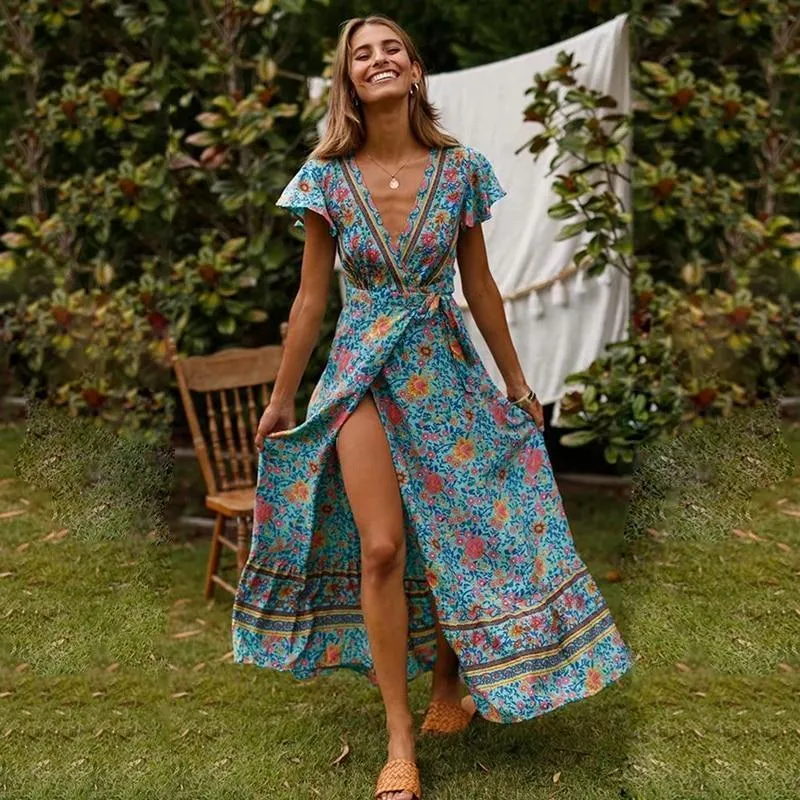 Boho Wrap Blue Maxi Dress