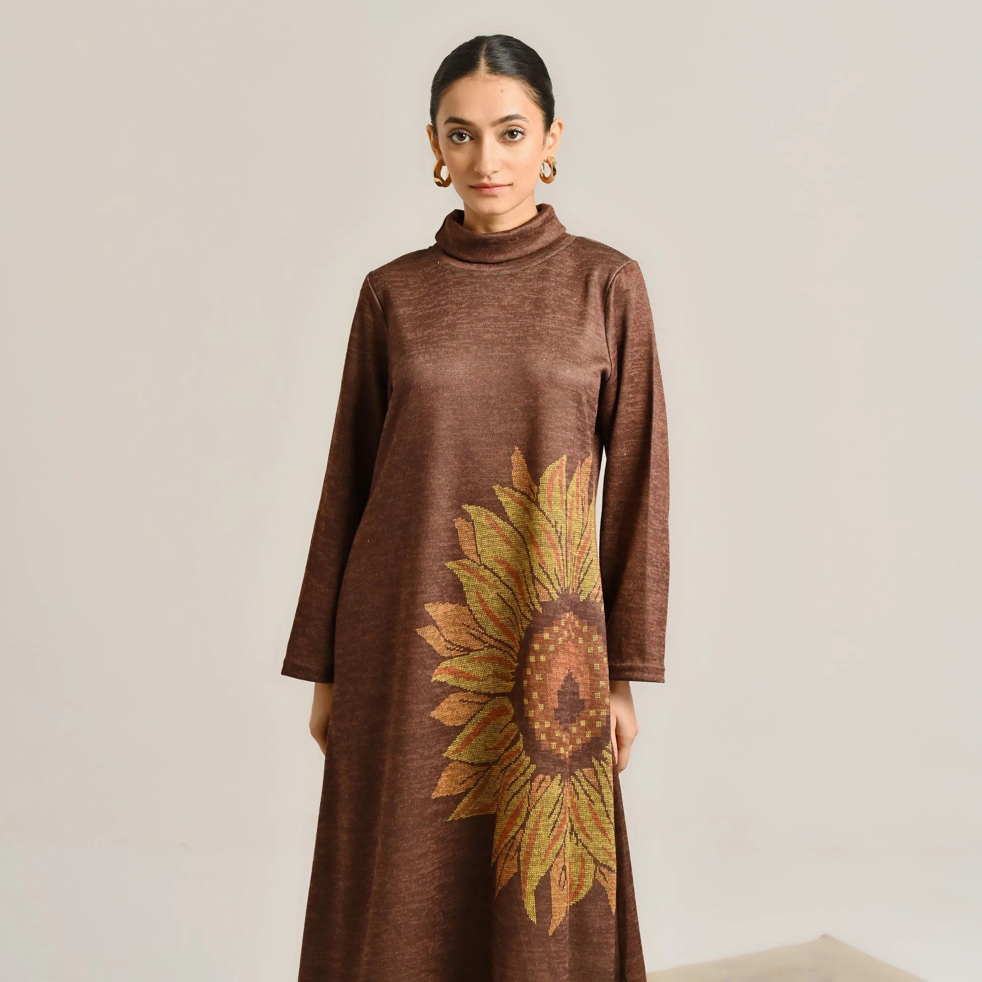 Brown Sunflower Statement Woollen Winter Dress