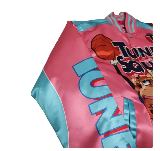 BUNNY TUNE SQUAD BASKETBALL CARTOON PRINT QUILTED BOMBER JACKET IN PINK