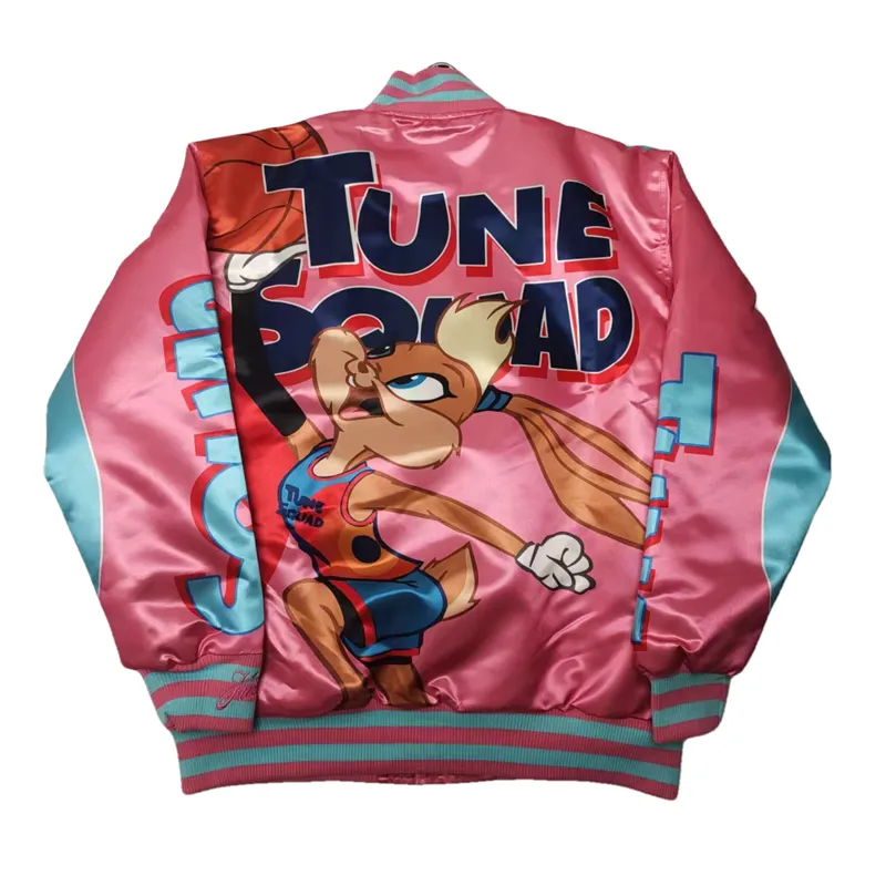 BUNNY TUNE SQUAD BASKETBALL CARTOON PRINT QUILTED BOMBER JACKET IN PINK
