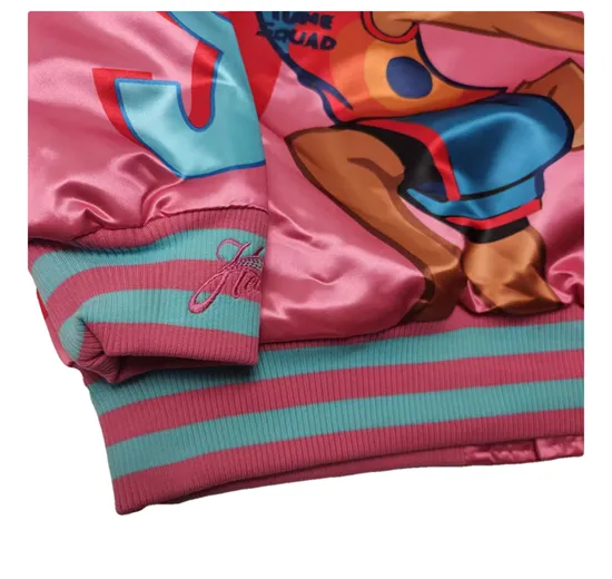 BUNNY TUNE SQUAD BASKETBALL CARTOON PRINT QUILTED BOMBER JACKET IN PINK