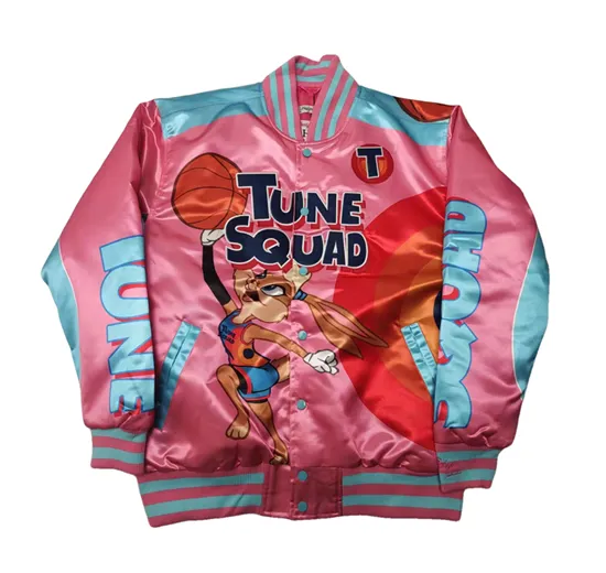 BUNNY TUNE SQUAD BASKETBALL CARTOON PRINT QUILTED BOMBER JACKET IN PINK
