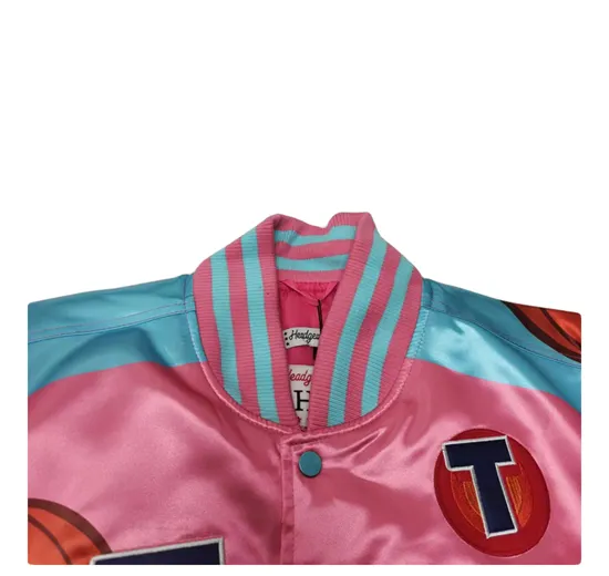 BUNNY TUNE SQUAD BASKETBALL CARTOON PRINT QUILTED BOMBER JACKET IN PINK